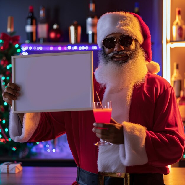 a santa holding a sign in front of a christmas tree