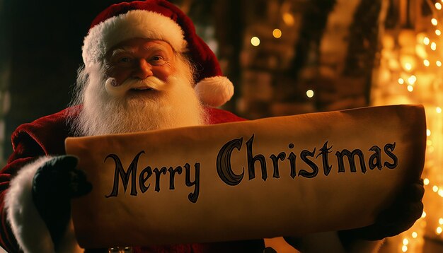 a santa holding a sign that says merry christmas on it