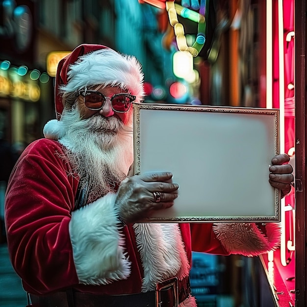 a santa holding a sign that says santa on it