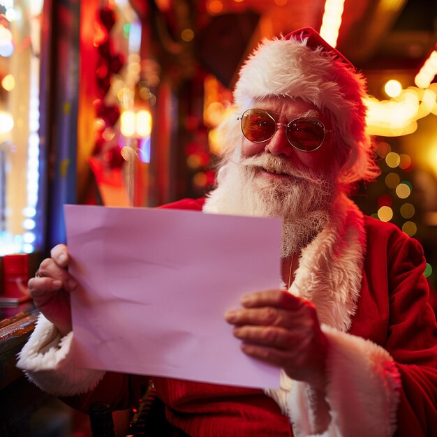 a santa is holding a piece of paper in his hand