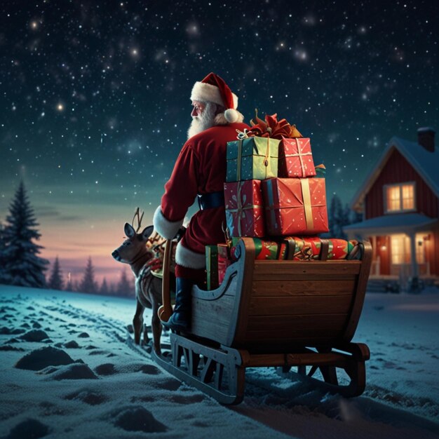 Photo a santa is riding a sleigh carrying a bag of presents