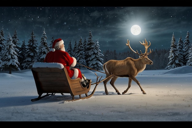 Photo a santa is riding a sleigh with a full moon in the background