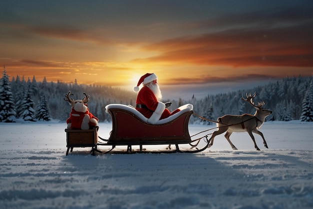 Photo santa is riding a sleigh with reindeer in the background