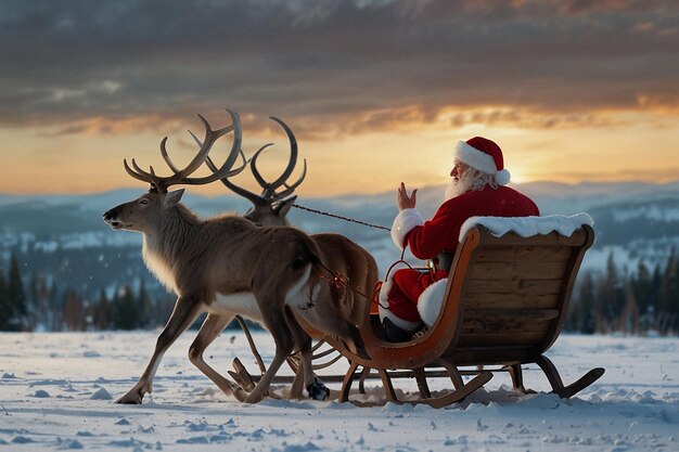 a santa is riding a sleigh with a reindeer on it