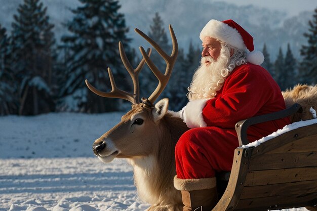 a santa is sitting on a sleigh that is being pulled by a reindeer