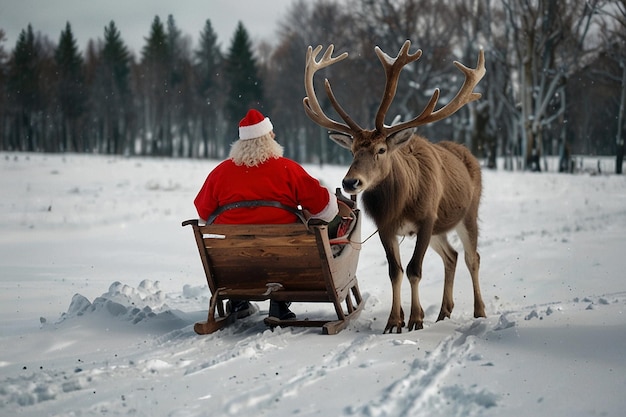 a santa is sitting in a sleigh that is being pulled by a reindeer