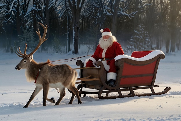 a santa is on a sleigh with a reindeer in the snow