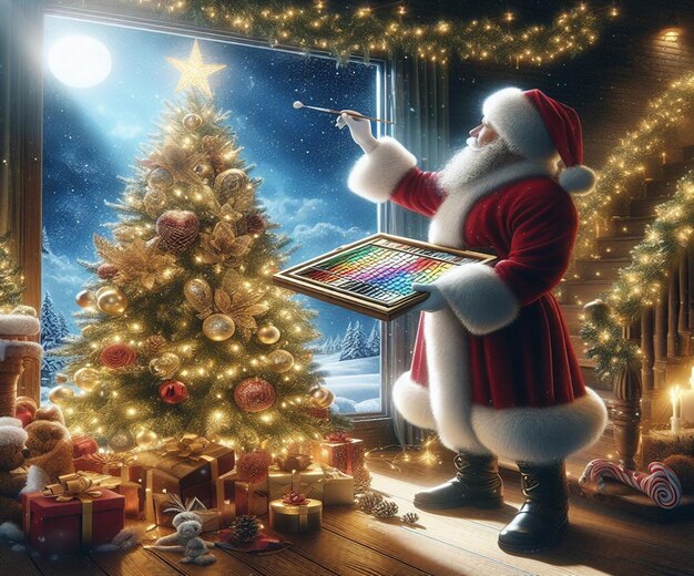 a santa is standing in front of a christmas tree and a santa is looking at a picture of him