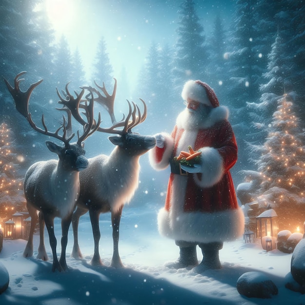 Photo a santa is standing in front of a christmas tree with a deer in it