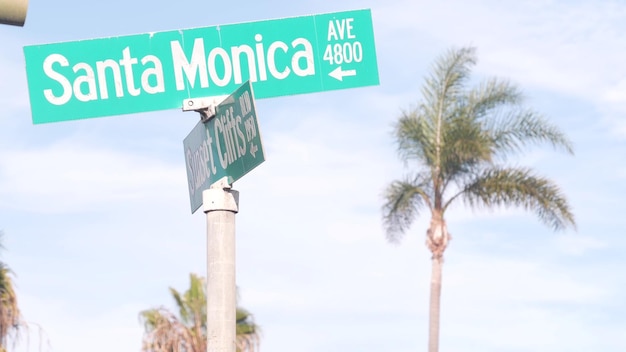 Santa monica street road sign california city usa tourist resort palm trees