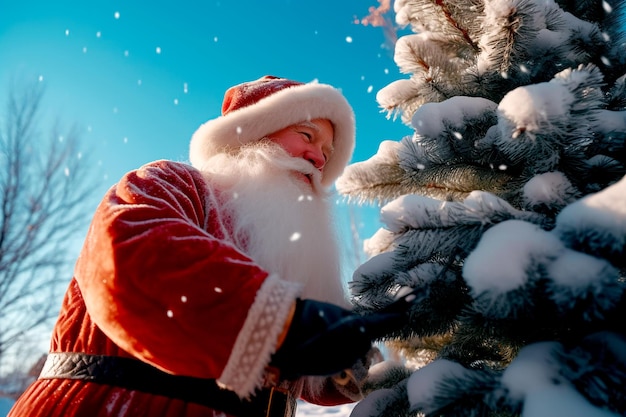 Santa near a snowcovered Christmas tree on a bright sunny winter day