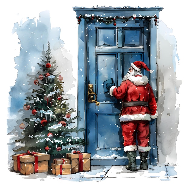 Santa opens a blue door beside a christmas tree and presents