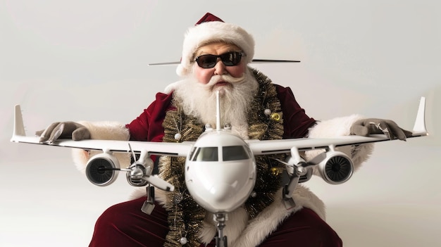 Santa pilot holding toy plane with sunglasses and festive scarf