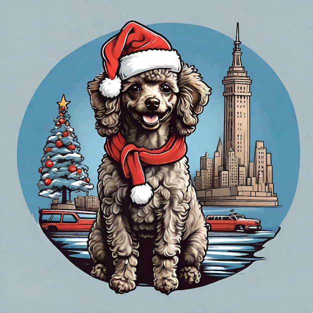 Santa Poodle in Liberty's Glow Japanese Streetwear TShirt Vector Art Colors Warm Bright Circular