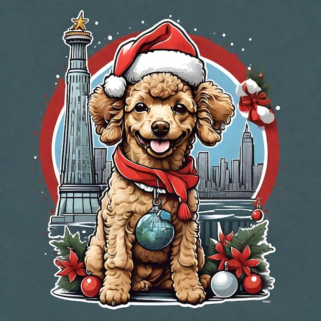 Santa Poodle in Liberty's Glow Japanese Streetwear TShirt Vector Art Colors Warm Bright Circular