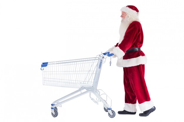 Santa pushes a shopping cart