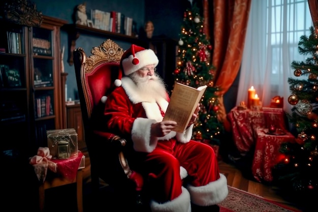 Santa reading a book in a cozy Christmas decorated room