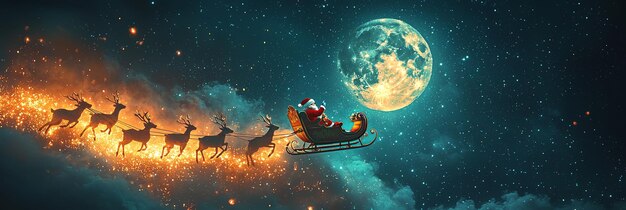 Photo santa and reindeer outlined by the luminescent full moon