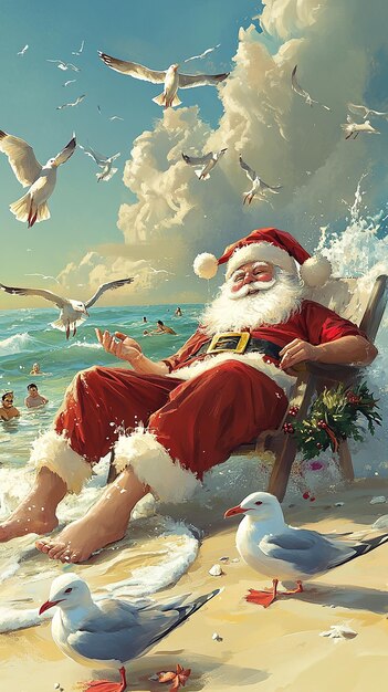 Photo santa relaxing on the beach watching people a festive twist on holiday cheer