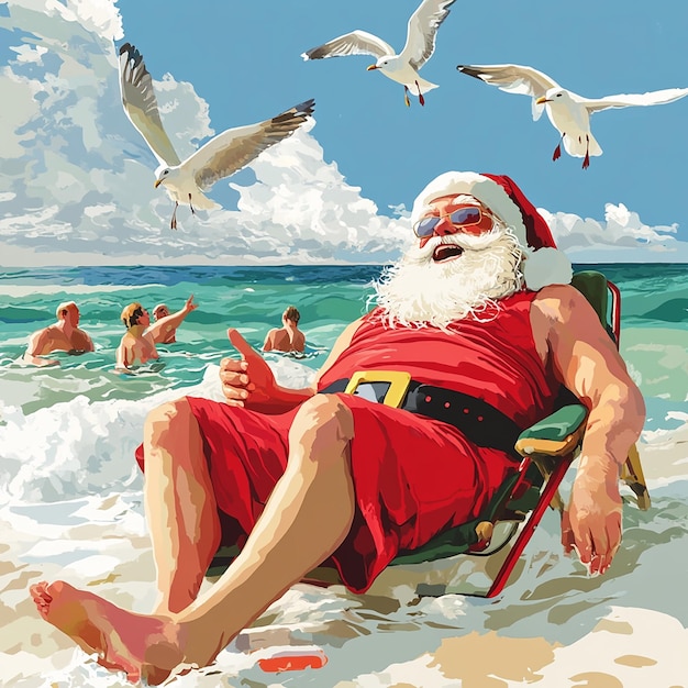 Photo santa relaxing on the beach watching people a festive twist on holiday cheer