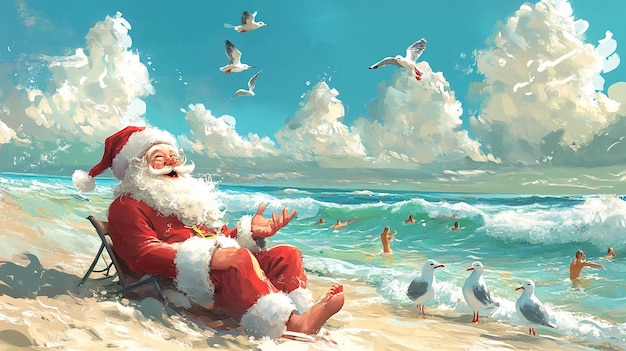 Santa Relaxing on the Beach Watching People A Festive Twist on Holiday Cheer