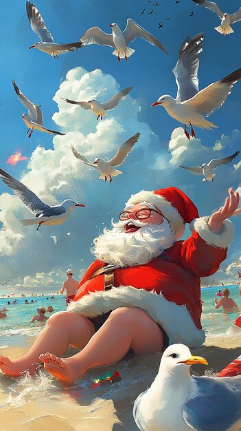 Photo santa relaxing on the beach watching people a festive twist on holiday cheer