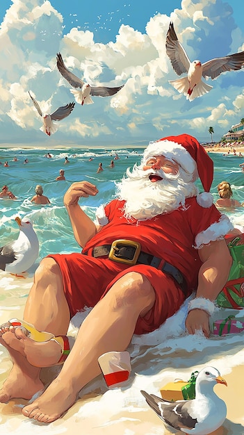 Santa Relaxing on the Beach Watching People A Festive Twist on Holiday Cheer