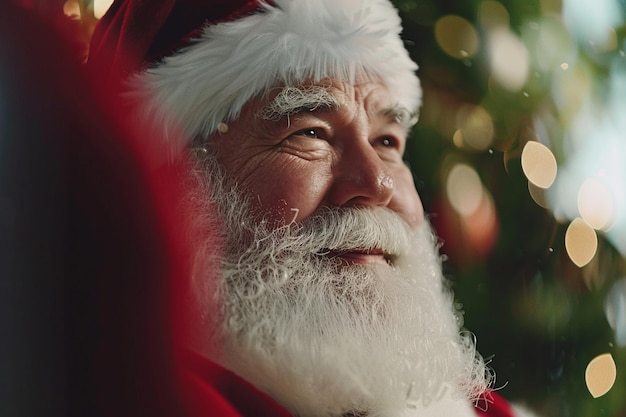 a santa  s face is shown in front of a christmas tree