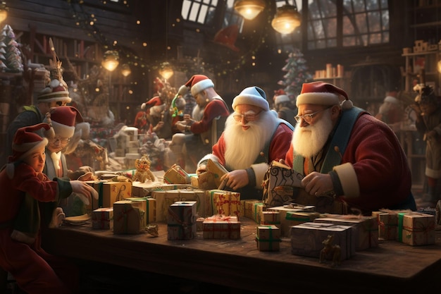 Santas elves wrapping presents in a bustling Generative ai