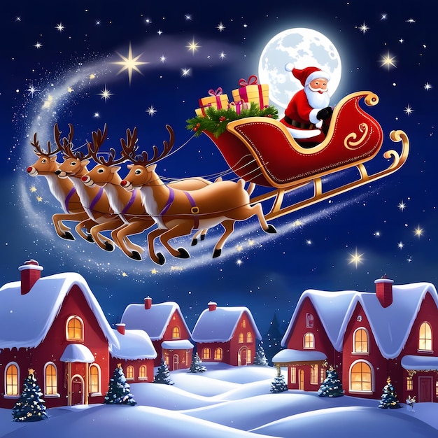 Photo santas enchanted flight a magical christmas night over a peaceful snowy town beneath the stars