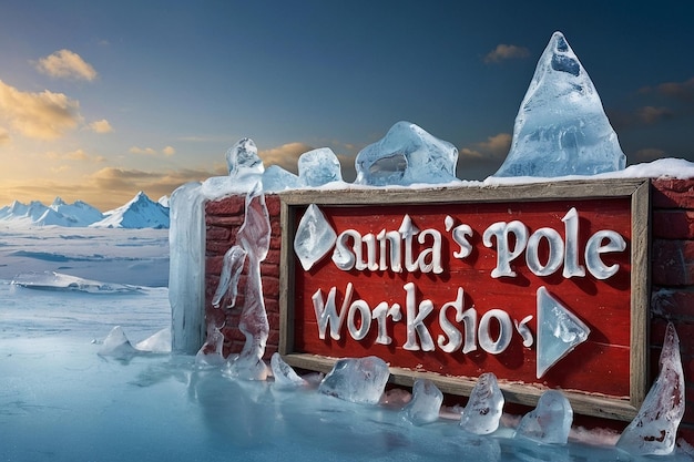 Photo santas north pole workshop sign covered in ice