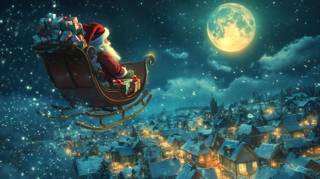 Photo santas sleigh flying through a starry night sky