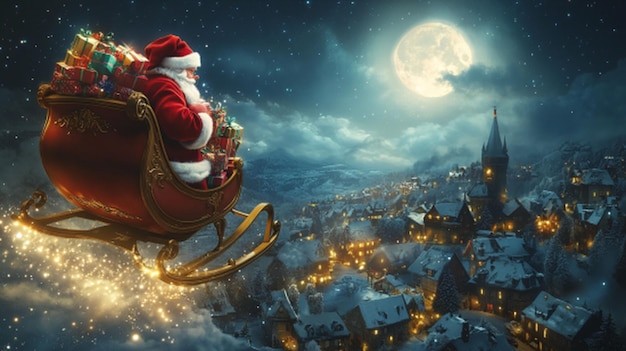 Photo santas sleigh flying through a starry night sky