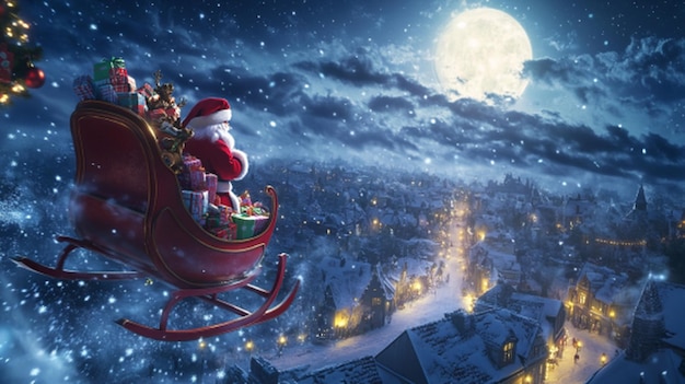 Photo santas sleigh flying through a starry night sky