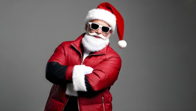 Photo santas stylish holiday vibe and cool santa claus in a red puffer jacket with round sunglasses