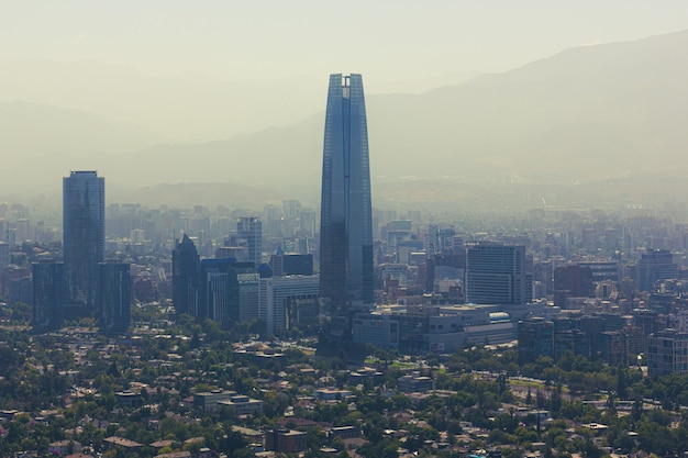 Santiago Chile  Jan 7 2021 Pollution on Santiago city with city skyscrapers on background