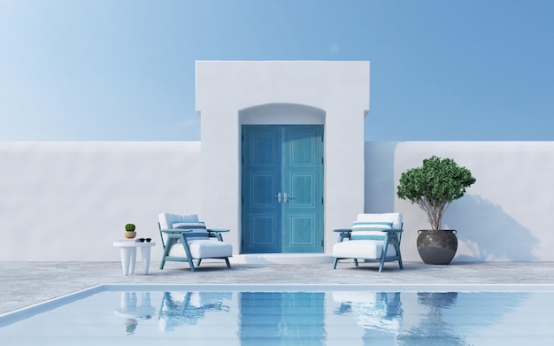 Santorini style architecture with armchairs plant door and swimming pool