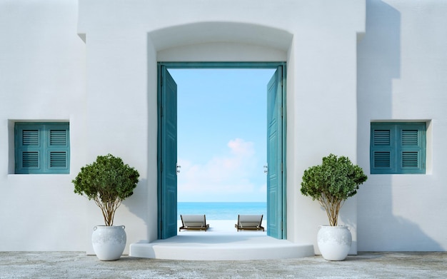 Santorini style gate open to the beach and sea view