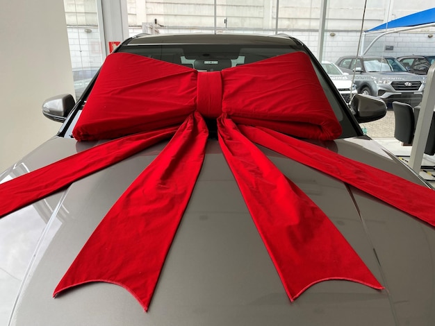 Sao Paulo Brazil August 9 2022 Hyundai car with red bow on top Creta to be delivered