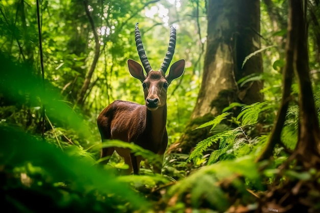 A saola Pseudoryx nghetinhensis in a green and fair