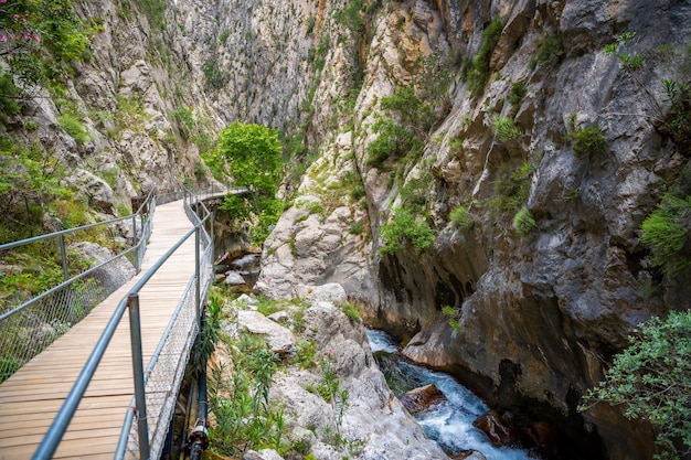 Sapadere canyon with wooden paths and cascades of waterfalls in the taurus mountains near alanya tur