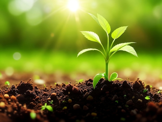 The Sapling are growing from the soil with sunlight Green garden background