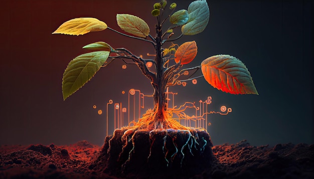 The Sapling are growing from the soil with sunlight with digital data information with Generative AI Technology