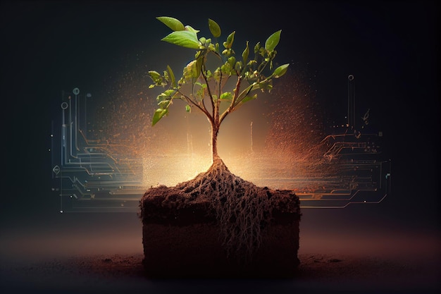 The Sapling are growing from the soil with sunlight with digital data information