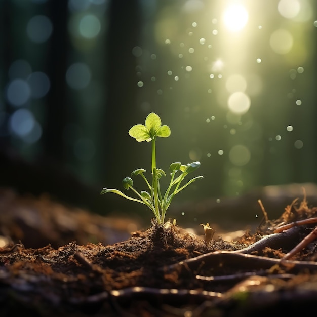 A sapling of a plant growing out of the ground in a lush forest in the morning atmosphere