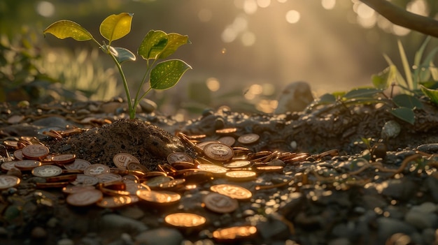 Photo a sapling sprouting amidst golden coins in a forest clearing