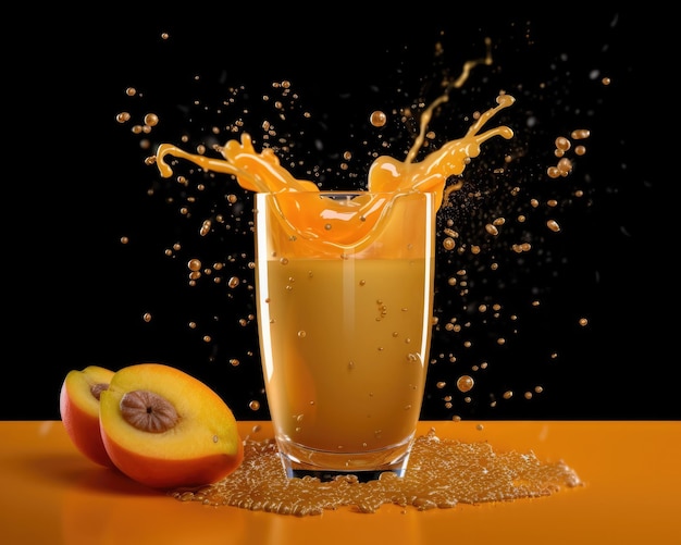 Sapota juice with splashes with sapota fruit in studio background restaurant with garden