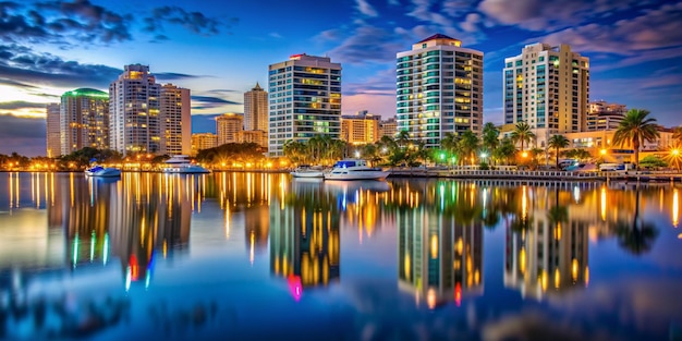 Photo sarasota city at moonlight downtown sarasota by the bay at night beautiful lights reflecting off the water