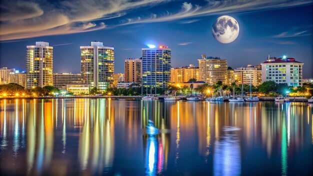 Photo sarasota city at moonlight downtown sarasota by the bay at night beautiful lights reflecting off the water