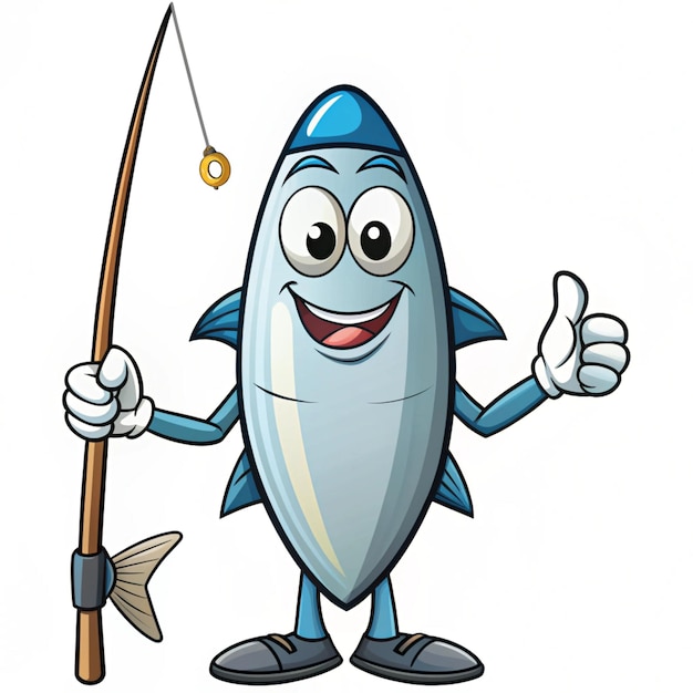 Photo sardine can cartoon character with fishing rod